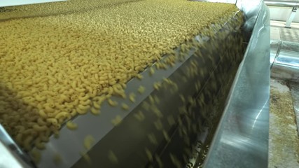 Pasta factory and pasta production stages. Close up of dry macaroni spilling from machine unit on modern food production factory. Conveyor line for macaroni production. Pasta Factory at Work