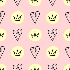 Seamless pattern with hearts and crowns drawn by hand. Cute print for girls. Vector illustration.