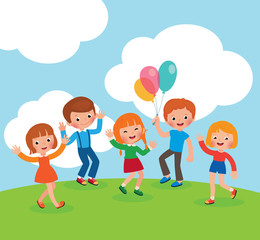 Group of kids playing and having fun in the meadow vector cartoon illustration