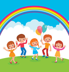 Obraz na płótnie Canvas Group of cheerful children with balloons playing on the lawn vector cartoon illustration