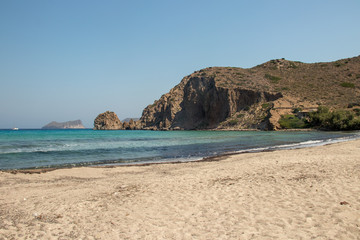 Fototapeta na wymiar beach with rocky landscape on Milos island