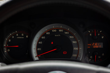 Modern car illuminated dashboard closeup