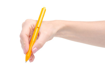 Hand holding pen on white background isolation