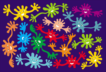 Funny cartoon hipster background. Ghost dance with smiles and long arms on a blue substrate. Vector graphics.