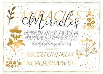 Script hand drawn vintage vector alphabet ABC font with letters, numbers, symbols. For calligraphy, lettering, hand made quotes.