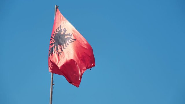 National Flag of Republic of Albania. Red flag with silhouetted black double-headed eagle in center
