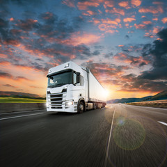 Truck with container on road, cargo transportation concept.