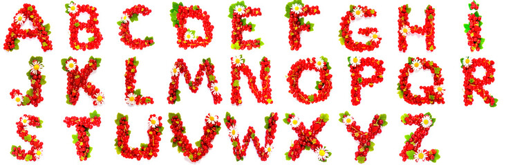 Berry font Alphabet made from fresh berries of red currant, strawberry leaves  flowers. A...