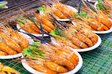 Grilled shrimps of seafood Street food of Thailand