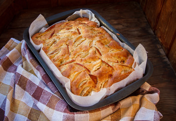 Fresh cakes. Apple pie on a wooden table. Country style..