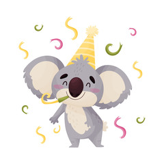 Cartoon koala among confetti. Vector illustration on white background.