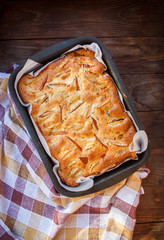 Fresh cakes. Apple pie on a wooden table. Country style..