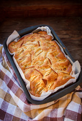 Fresh cakes. Apple pie on a wooden table. Country style..