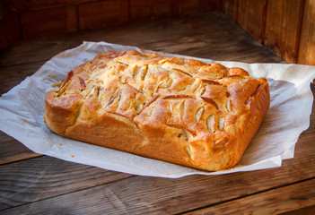 Fresh cakes. Apple pie on a wooden table. Country style..