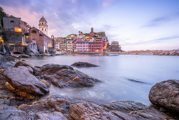 Sunrise from the port of Vernazza. Vernazza is one of the five towns that make up the Cinque Terre region. It is the only natural port of Cinque Terre and is famous for its elegant houses.