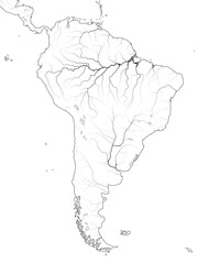 World Map of SOUTH AMERICA: Latin America, Argentina, Brazil, Peru, Andes, Cordilleras, Amazon River, Selva, Llanos, Pampa, Patagonia. Geographic chart of continent with coastline, landscape & rivers.