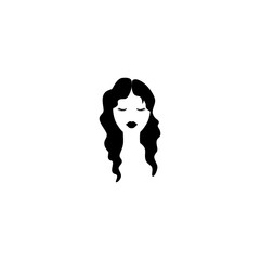 Woman beautiful hairstyle, long curly hair. Female black vector haircut with lips and eyes.