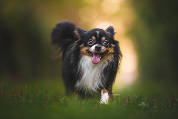 Chiuhauha dog on green grass and a boeh background in warm light