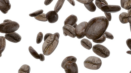 3d render Falling coffee grains on a white background