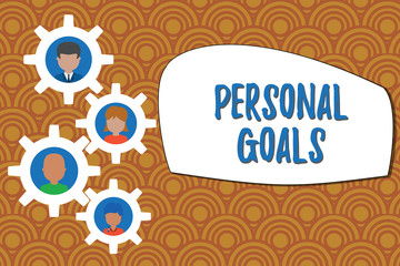 Writing note showing Personal Goals. Business concept for Target set by a demonstrating to influence his efforts Motivation Gearshaped picture frame family ornament Whole Family photo