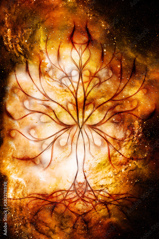 Aufkleber tree of life symbol on structured and space background, flower of life pattern, yggdrasil.