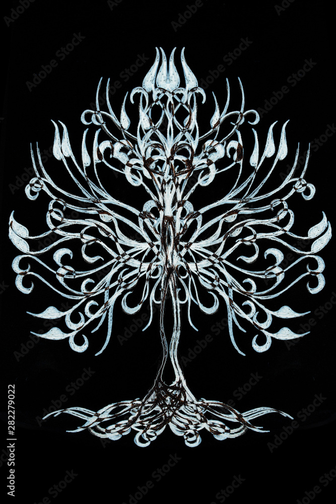 Poster tree of life symbol on structured ornamental background, yggdrasil.