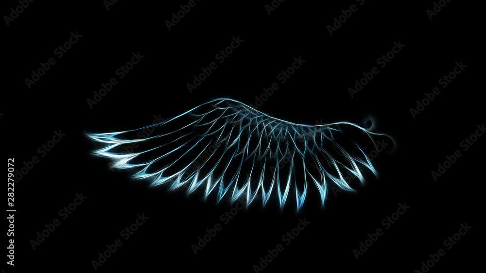 Poster bird feathers on black background. Original drawing and computer effect.