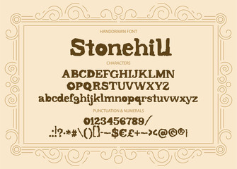 Hand drawn vintage vector alphabet ABC font with letters, numbers, symbols. For calligraphy, lettering, hand made quotes. Letters with stone texture.