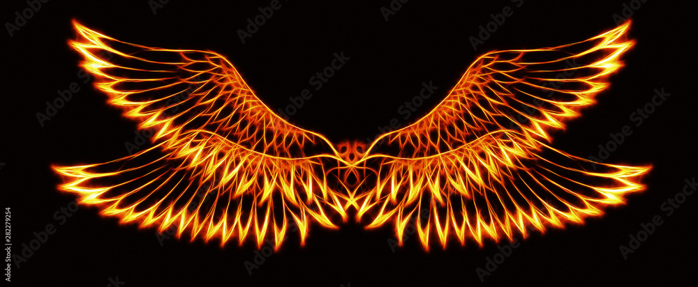 Poster bird feathers on black background. Original drawing and computer effect.