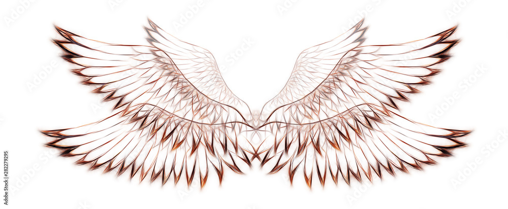 Poster bird feathers on white background. Original drawing and computer effect.