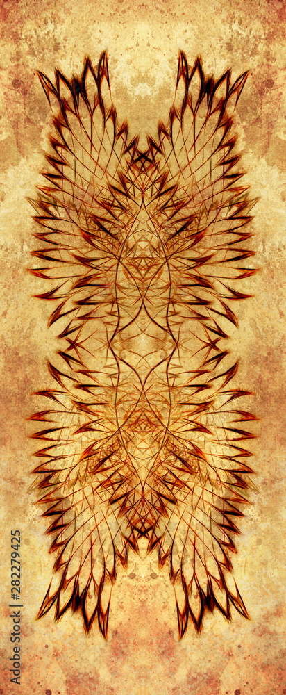 Poster bird feathers on abstract background. Original drawing and computer effect.