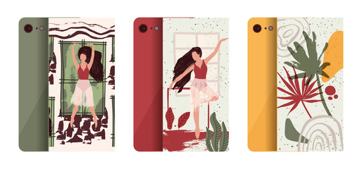 Abstract vector illustration. Flat and Hand drawn brush ink textured art. Ballerina mobile phone case cover collection. Female elegance tropical palm leaves, nature and dancer set.