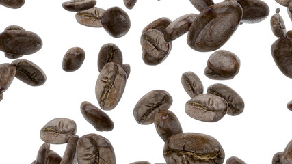 3d render Falling coffee grains on a white background