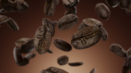 3d render Falling coffee grains on a brown background