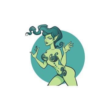 Driada, fantasy nature symbol, earth element looking as a beautiful woman, vector illustration