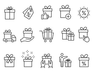 Gift box line icons set. Black vector illustration. Editable stroke.