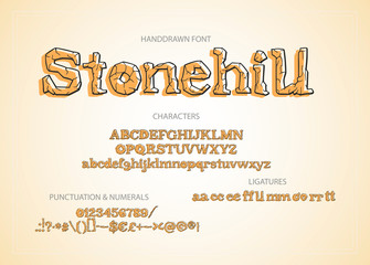 Cute hand drawn vintage vector alphabet ABC font with letters, numbers, symbols. For calligraphy, lettering, hand made quotes.