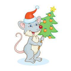 Funny gray rat - a symbol of the new year with a Christmas tree in his hands. In cartoon style. Isolated on a white background.