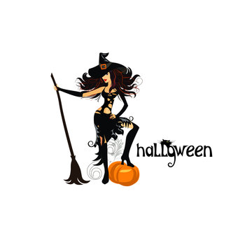 vector illustration of image for halloween, witch with broom and pumpkin