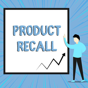 Word writing text Product Recall. Business photo showcasing Request by a company to return the product due to some issue View young man standing pointing up blank rectangle Geometric background