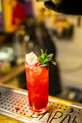 Close-up of expert bartender making cocktail on the bar, blurred background.