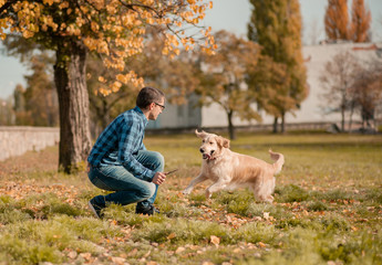 Young man with golden retriever dog in autumn outdoors