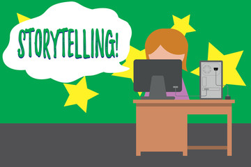 Word writing text Storytelling. Business photo showcasing activity writing stories for publishing them to public Young female working office sitting desktop computer office monitor photo