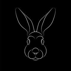 Outline of stylized rabbit portrait on black background. Line art. Stencil art