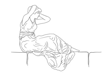 A woman in a long dress sits on a stone parapet and makes her hair. Vector image isolated on white background.