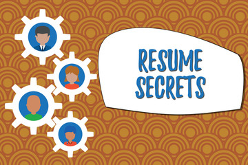 Writing note showing Resume Secrets. Business concept for Tips on making amazing curriculum vitae Standout Biography Gearshaped picture frame family ornament Whole Family photo