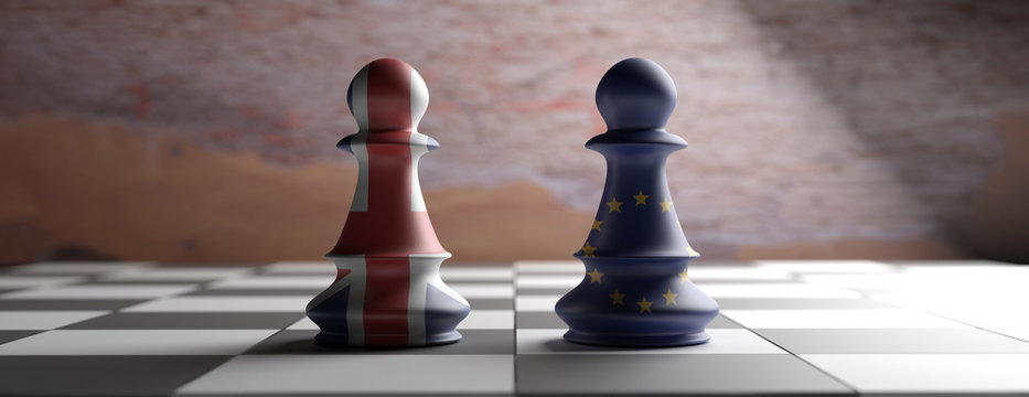 Brexit, UK And EU Chess Pawns On A Chessboard. 3d Illustration