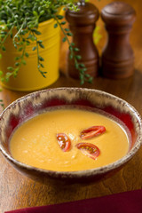 Bowl of vegetable delicious pumpkin cream soup