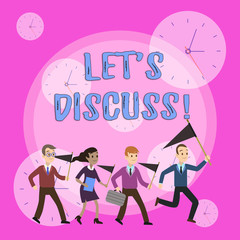 Writing note showing Let S Discuss. Business concept for asking someone to talk about something with demonstrating or showing Crowd Flags Headed by Leader Running Demonstration Meeting