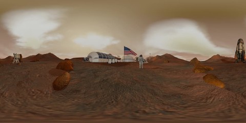 360 VR. Colony on Mars. Astronaut saluting the American flag. Exploring Mission To Mars. Futuristic Colonization and Space Exploration Concept.